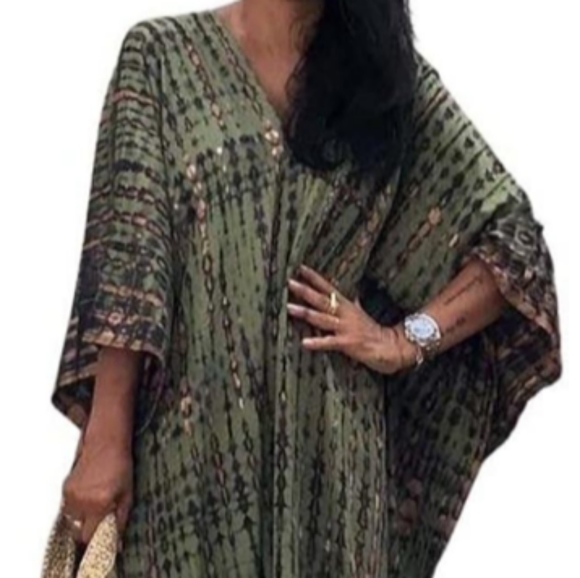 Olive Green Tie Dye Hippie Boho Kaftan Long Flowy 70s Maxi Dress Bohemian Caftan - Picture 8 of 9